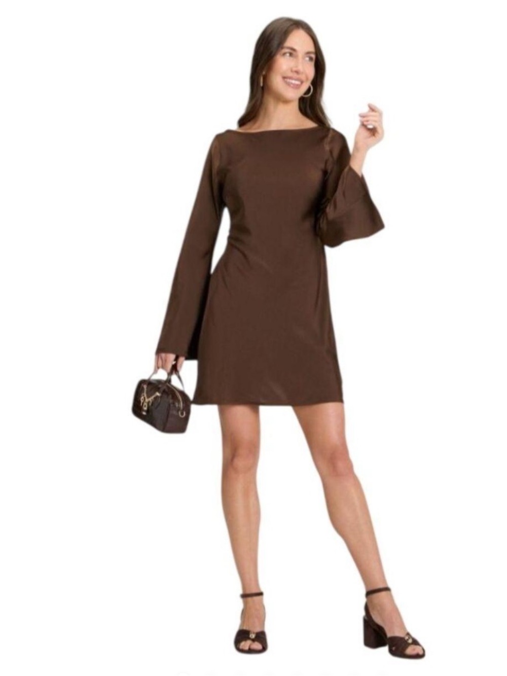a new day Brown Long Sleeve Shift Dress with Bell Sleeves